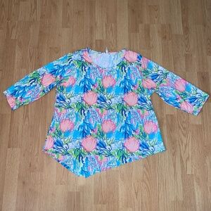 Lulu-B Colorful Coral Shells 3/4 Sleeve Loose Fit Cooling Geometric Top Size XL